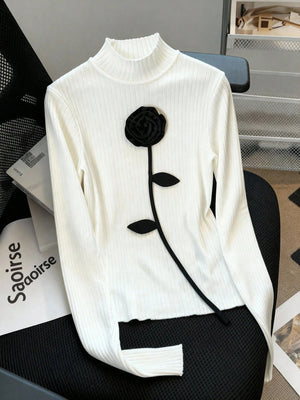 Solid White Stand Collar Long Sleeve Knit T-Shirt FD - Negative Apparel