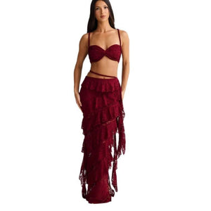 Solis Lace | 2 - Piece Halter Suspender & Hip - Wrap Maxi Set - Negative Apparel
