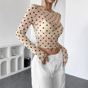 Spice Girl design sense perspective polka dot slim mesh yarn crew neck long - sleeved T-shirt - Negative Apparel
