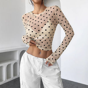 Spice Girl design sense perspective polka dot slim mesh yarn crew neck long - sleeved T-shirt - Negative Apparel