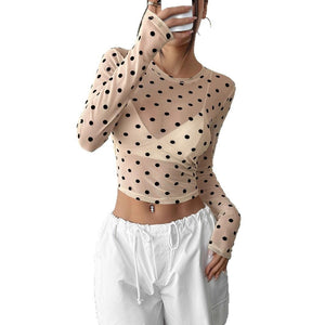 Spice Girl design sense perspective polka dot slim mesh yarn crew neck long - sleeved T-shirt - Negative Apparel