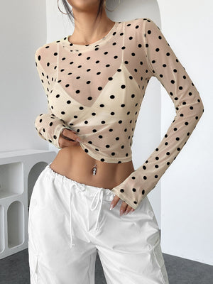 Spice Girl design sense perspective polka dot slim mesh yarn crew neck long - sleeved T-shirt - Negative Apparel
