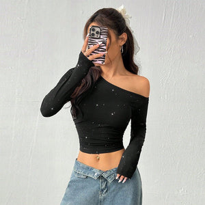 Spice Girls Hot Diamond Slash Shoulder Long Sleeve T-Shirt Women's 2025 Spring ins Slim - fit Knitted Bottom Top - Negative Apparel