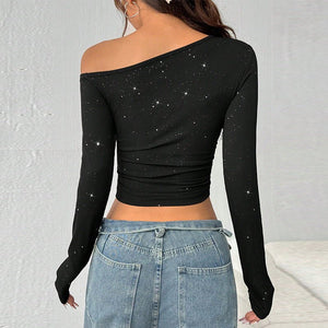 Spice Girls Hot Diamond Slash Shoulder Long Sleeve T-Shirt Women's 2025 Spring ins Slim - fit Knitted Bottom Top - Negative Apparel