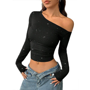 Spice Girls Hot Diamond Slash Shoulder Long Sleeve T-Shirt Women's 2025 Spring ins Slim - fit Knitted Bottom Top - Negative Apparel