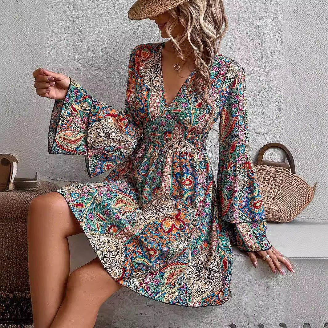 spring 2025 new elegant women's floral print V - neck flared sleeve dress - Negative Apparel