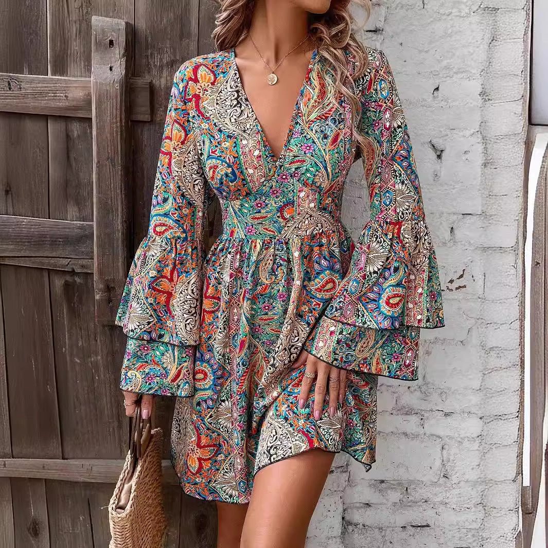spring 2025 new elegant women's floral print V - neck flared sleeve dress - Negative Apparel