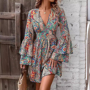 spring 2025 new elegant women's floral print V - neck flared sleeve dress - Negative Apparel