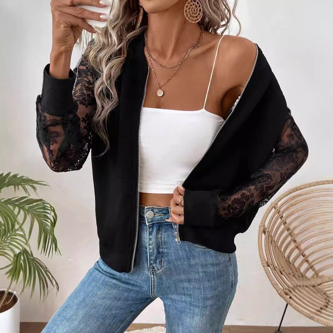spring 2025 new elegant women's lace splicing long - sleeved baseball collar jacket top coat - Negative Apparel