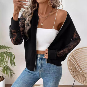 spring 2025 new elegant women's lace splicing long - sleeved baseball collar jacket top coat - Negative Apparel