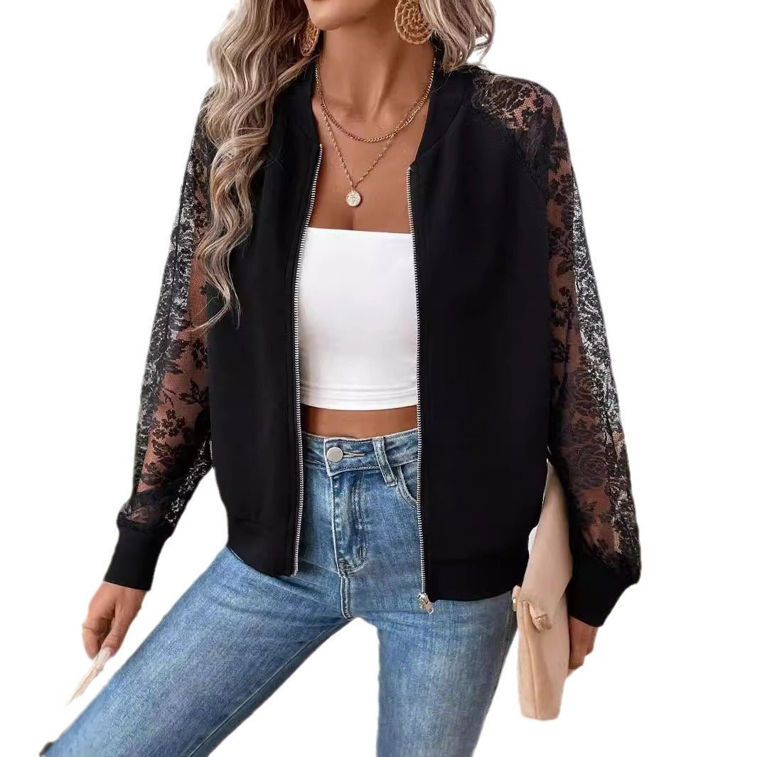 spring 2025 new elegant women's lace splicing long - sleeved baseball collar jacket top coat - Negative Apparel
