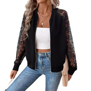 spring 2025 new elegant women's lace splicing long - sleeved baseball collar jacket top coat - Negative Apparel