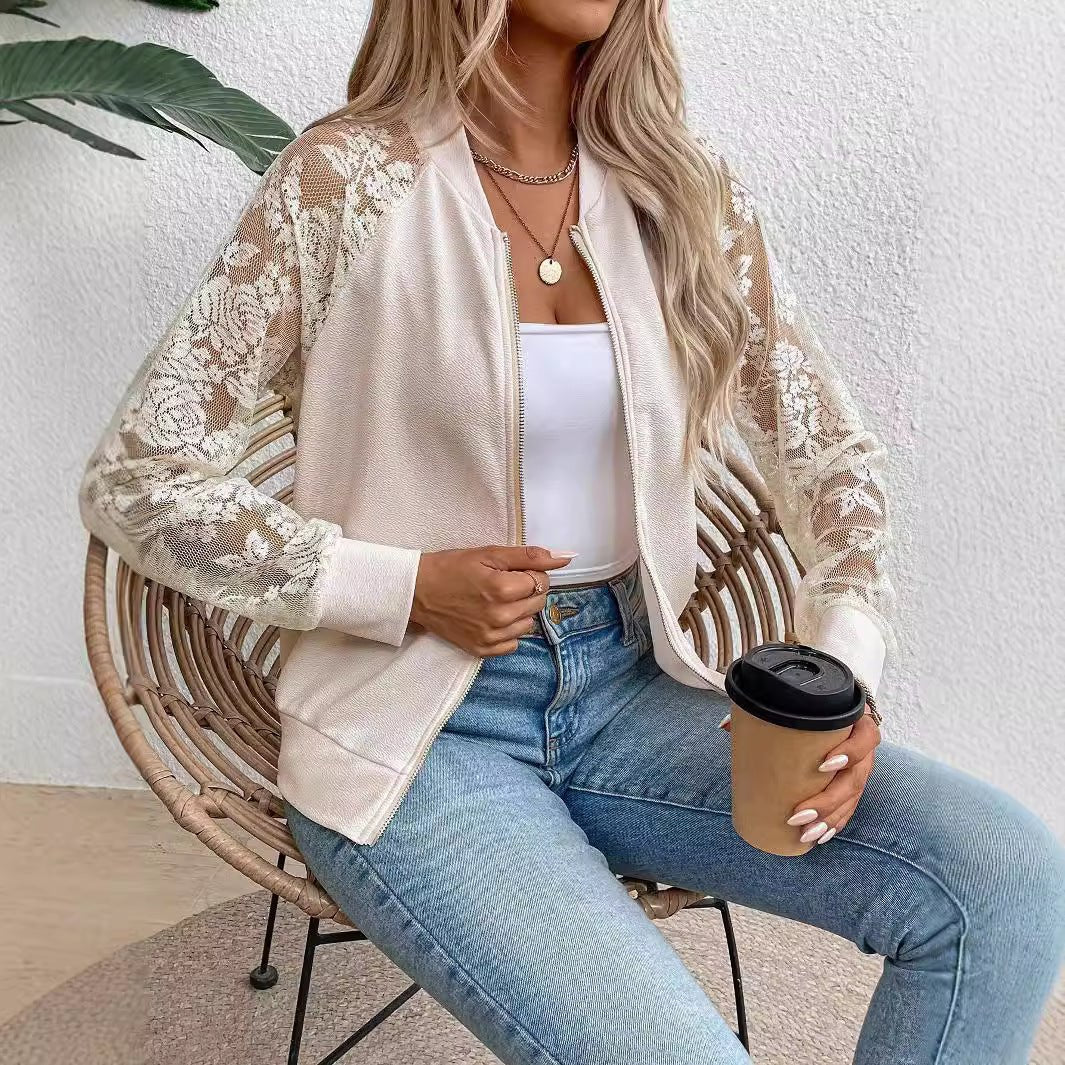 spring 2025 new elegant women's lace splicing long - sleeved baseball collar jacket top coat - Negative Apparel