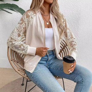 spring 2025 new elegant women's lace splicing long - sleeved baseball collar jacket top coat - Negative Apparel