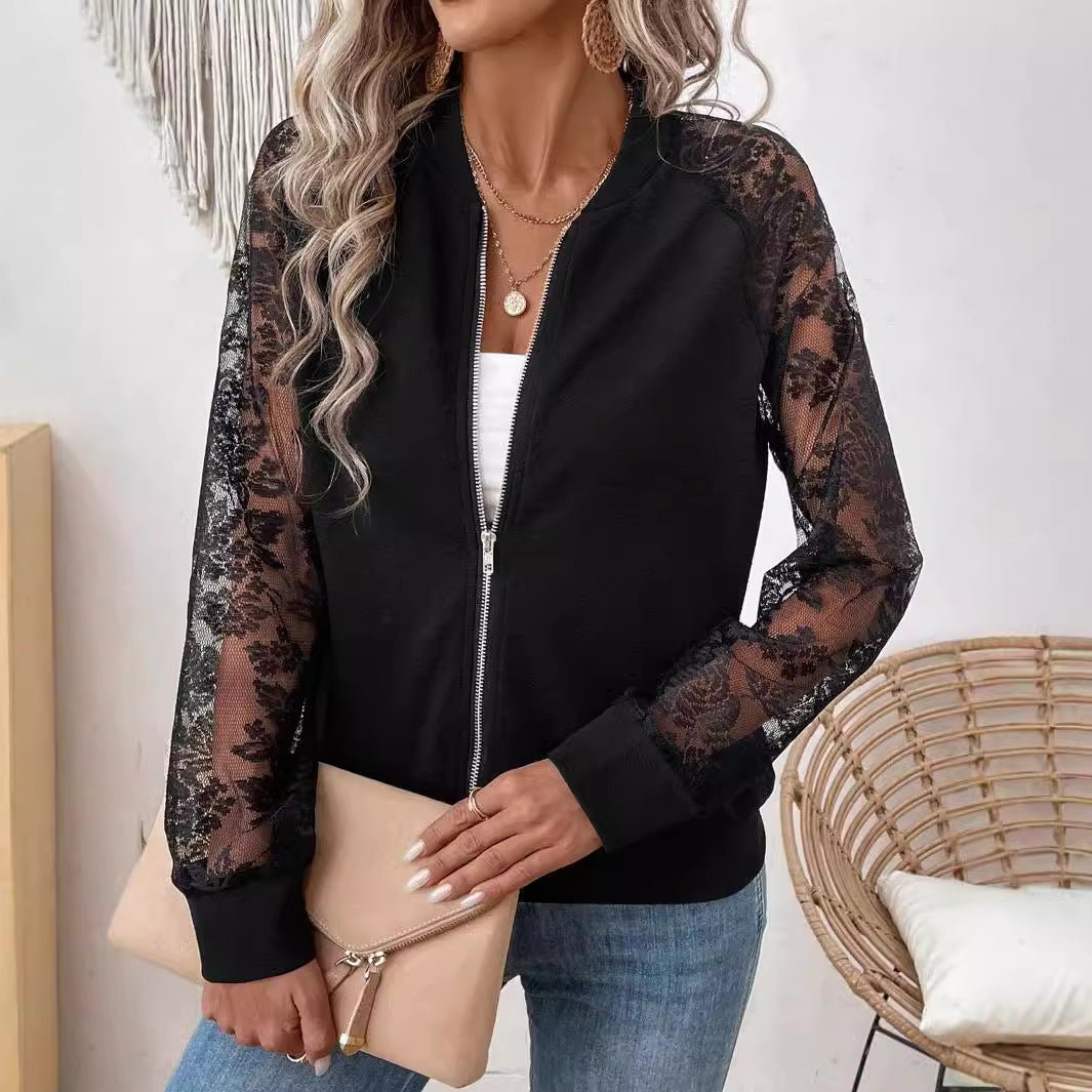 spring 2025 new elegant women's lace splicing long - sleeved baseball collar jacket top coat - Negative Apparel