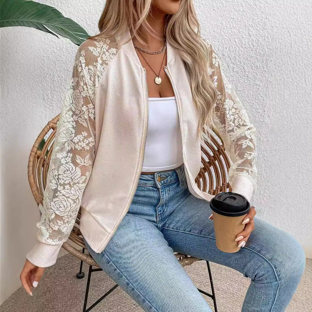 spring 2025 new elegant women's lace splicing long - sleeved baseball collar jacket top coat - Negative Apparel