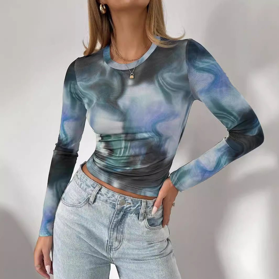 spring 2025 new elegant women's printing crew neck mesh slim long - sleeved top women's clothing - Negative Apparel