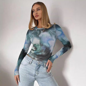 spring 2025 new elegant women's printing crew neck mesh slim long - sleeved top women's clothing - Negative Apparel