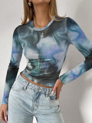 spring 2025 new elegant women's printing crew neck mesh slim long - sleeved top women's clothing - Negative Apparel