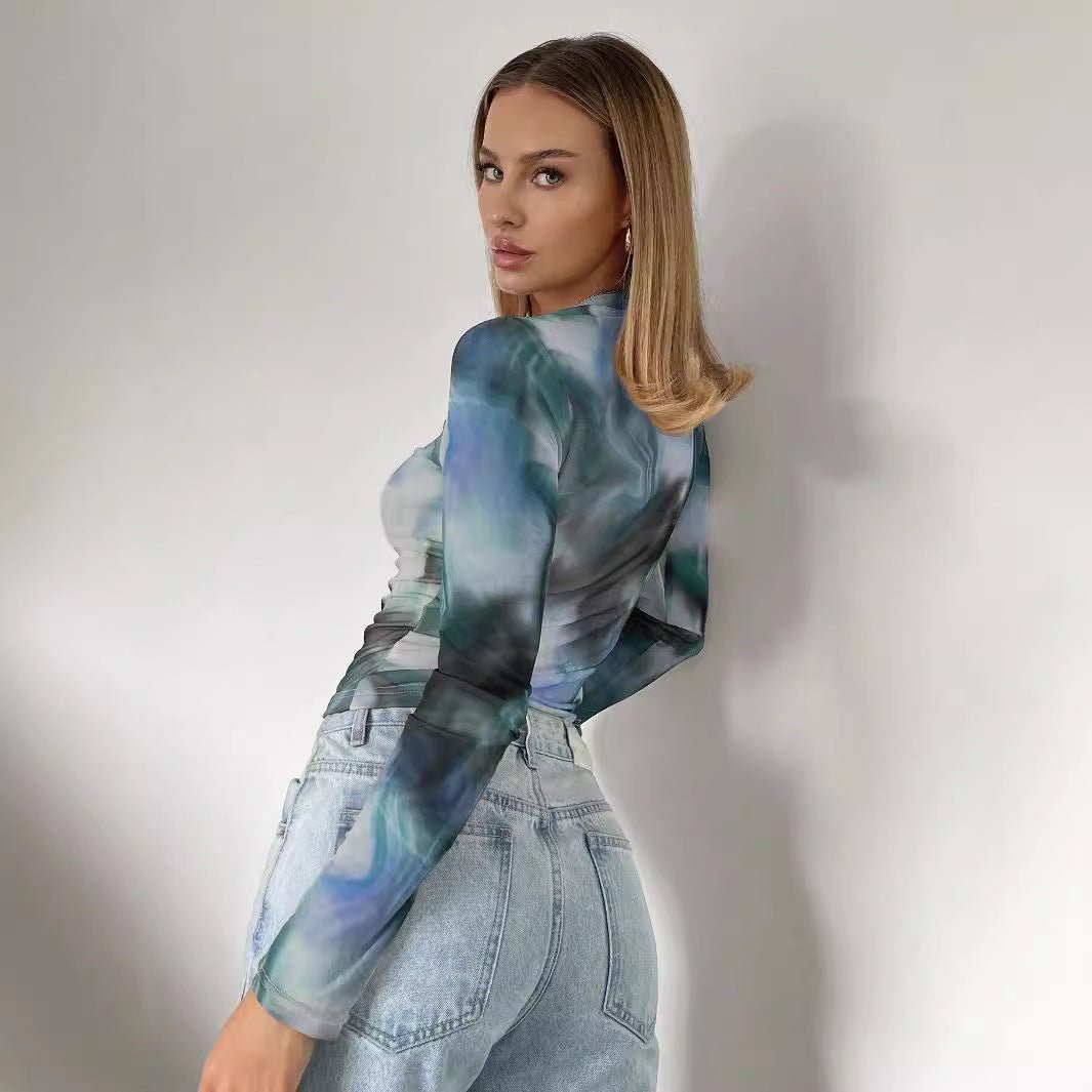 spring 2025 new elegant women's printing crew neck mesh slim long - sleeved top women's clothing - Negative Apparel