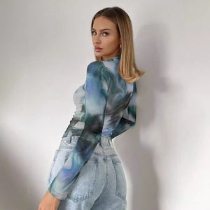 spring 2025 new elegant women's printing crew neck mesh slim long - sleeved top women's clothing - Negative Apparel