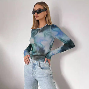 spring 2025 new elegant women's printing crew neck mesh slim long - sleeved top women's clothing - Negative Apparel