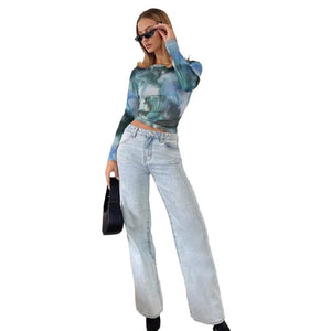 spring 2025 new elegant women's printing crew neck mesh slim long - sleeved top women's clothing - Negative Apparel