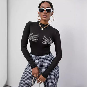 spring 2025 new ribbed knitted fashion skull hot diamond T-shirt top women - Negative Apparel