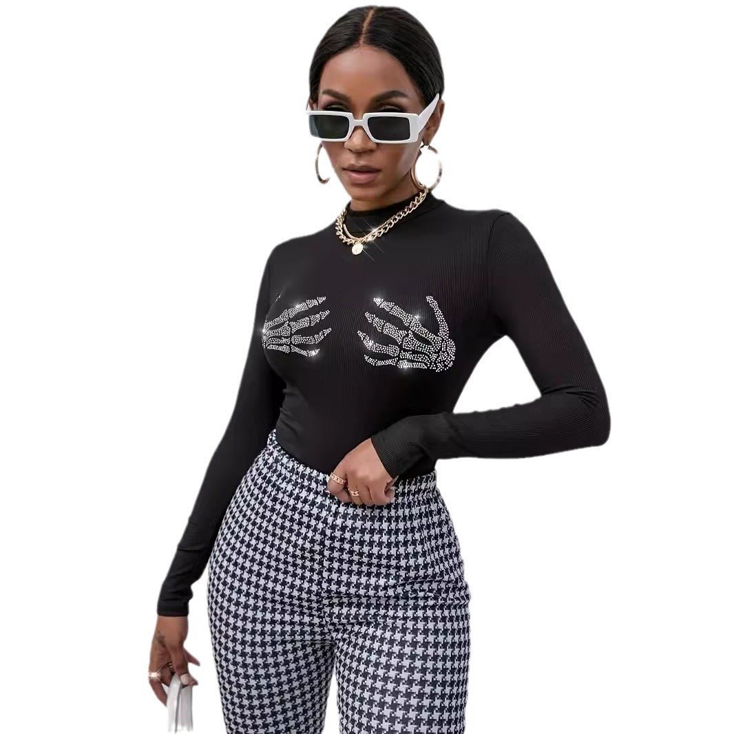 spring 2025 new ribbed knitted fashion skull hot diamond T-shirt top women - Negative Apparel