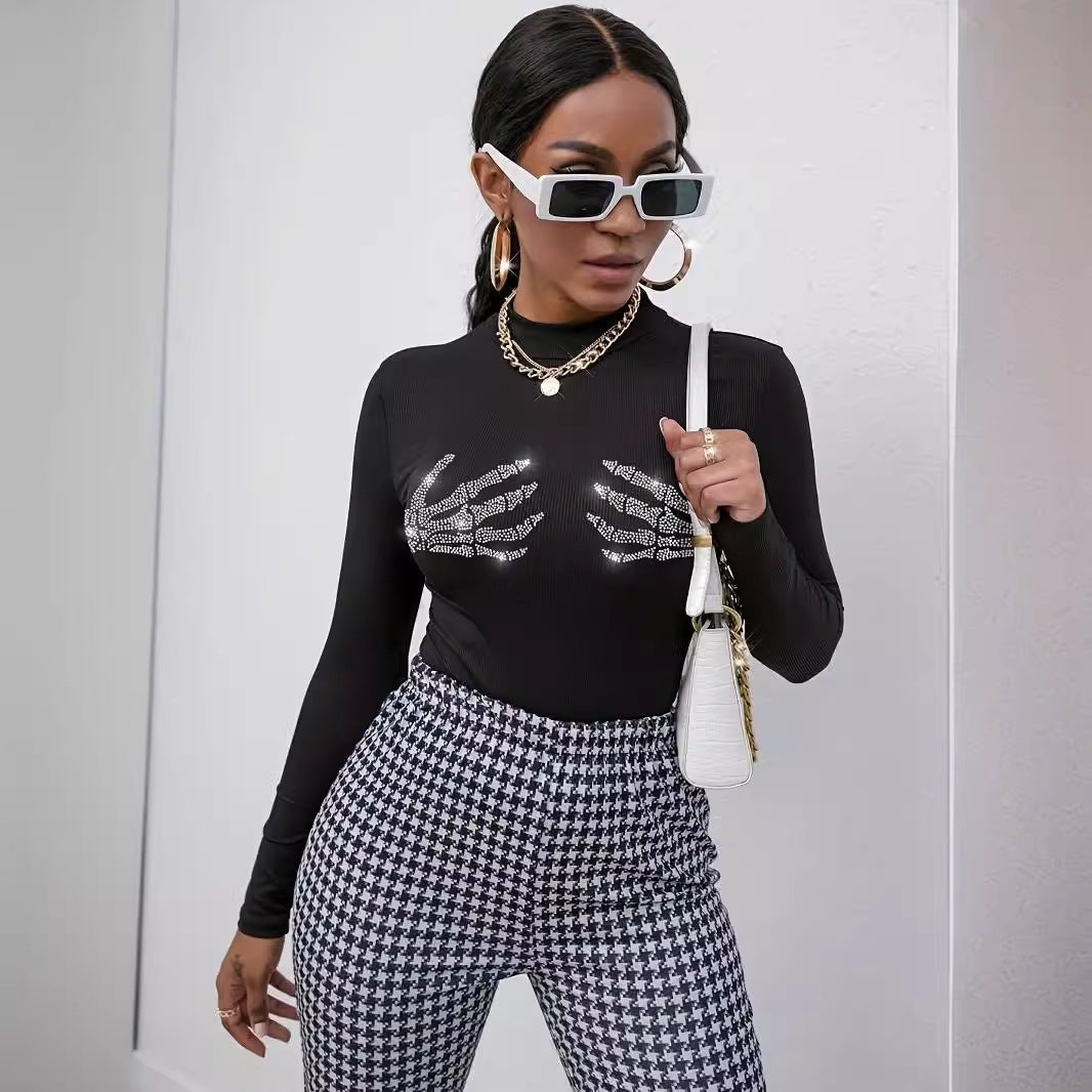 spring 2025 new ribbed knitted fashion skull hot diamond T-shirt top women - Negative Apparel