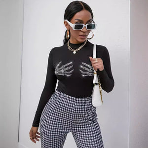 spring 2025 new ribbed knitted fashion skull hot diamond T-shirt top women - Negative Apparel