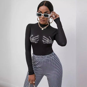 spring 2025 new ribbed knitted fashion skull hot diamond T-shirt top women - Negative Apparel