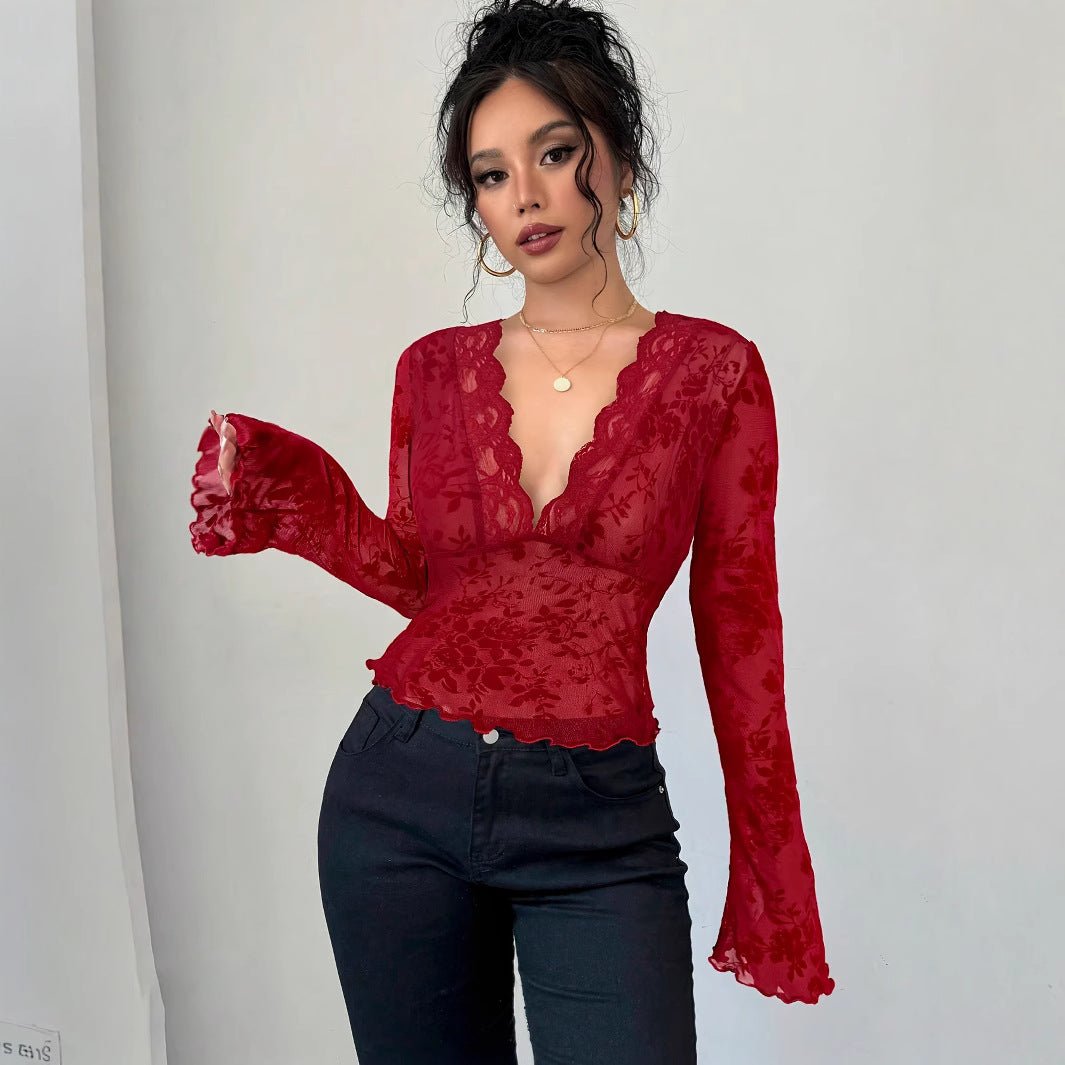 Spring 2025 new women's V - neck lace mesh horn sleeve T-shirt top women - Negative Apparel