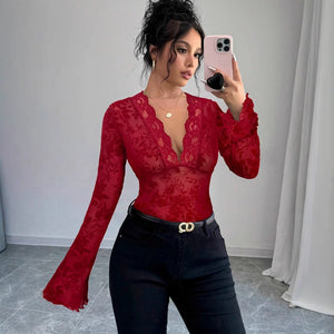 Spring 2025 new women's V - neck lace mesh horn sleeve T-shirt top women - Negative Apparel