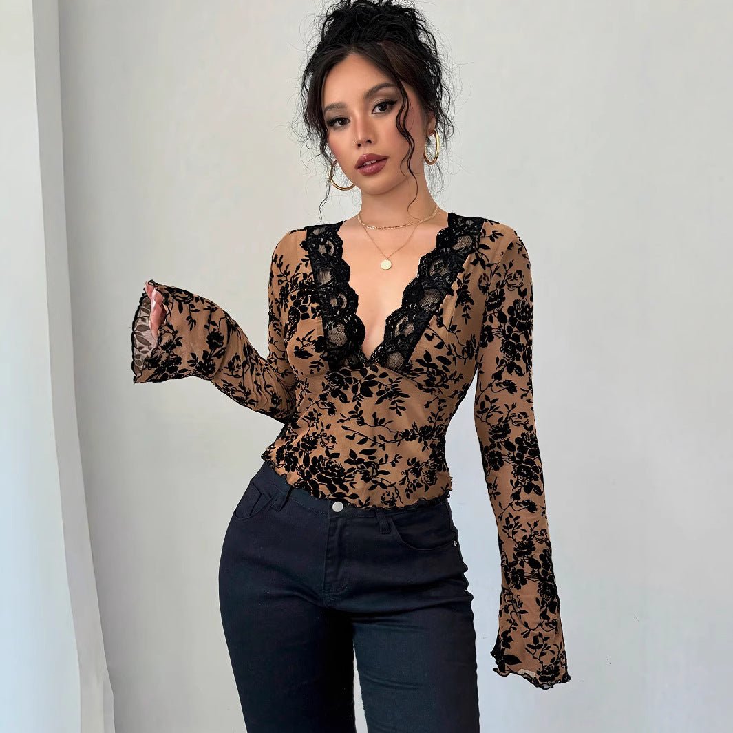 Spring 2025 new women's V - neck lace mesh horn sleeve T-shirt top women - Negative Apparel