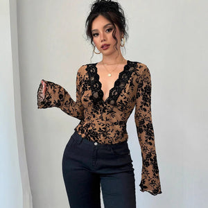 Spring 2025 new women's V - neck lace mesh horn sleeve T-shirt top women - Negative Apparel