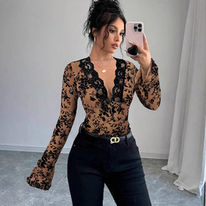 Spring 2025 new women's V - neck lace mesh horn sleeve T-shirt top women - Negative Apparel