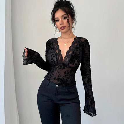 Spring 2025 new women's V - neck lace mesh horn sleeve T-shirt top women - Negative Apparel