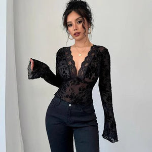 Spring 2025 new women's V - neck lace mesh horn sleeve T-shirt top women - Negative Apparel