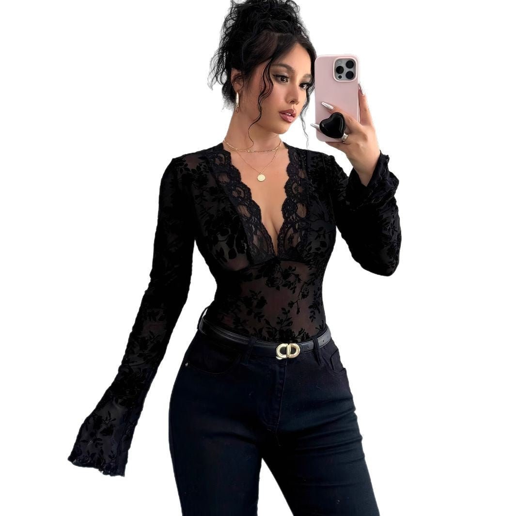 Spring 2025 new women's V - neck lace mesh horn sleeve T-shirt top women - Negative Apparel