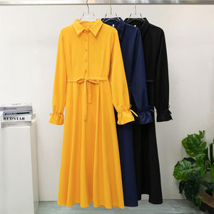 Spring and autumn button - up long dress design sense niche long - sleeved solid color French dress women - Negative Apparel