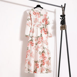 Spring and Autumn Crew Neck Bubble Sleeve Waist Floral Dress Women's Spring New Street Fashion Skinny Casual Long Dress - Negative Apparel