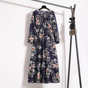Spring and Autumn Crew Neck Bubble Sleeve Waist Floral Dress Women's Spring New Street Fashion Skinny Casual Long Dress - Negative Apparel