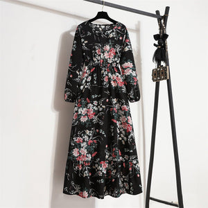 Spring and Autumn Crew Neck Bubble Sleeve Waist Floral Dress Women's Spring New Street Fashion Skinny Casual Long Dress - Negative Apparel