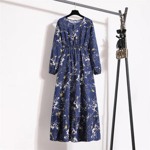 Spring and Autumn Crew Neck Bubble Sleeve Waist Floral Dress Women's Spring New Street Fashion Skinny Casual Long Dress - Negative Apparel