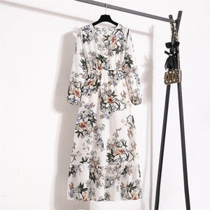 Spring and Autumn Crew Neck Bubble Sleeve Waist Floral Dress Women's Spring New Street Fashion Skinny Casual Long Dress - Negative Apparel
