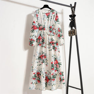 Spring and Autumn Crew Neck Bubble Sleeve Waist Floral Dress Women's Spring New Street Fashion Skinny Casual Long Dress - Negative Apparel