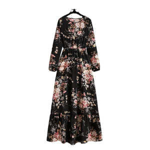 Spring and Autumn Crew Neck Bubble Sleeve Waist Floral Dress Women's Spring New Street Fashion Skinny Casual Long Dress - Negative Apparel