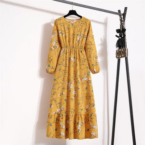 Spring and Autumn Crew Neck Bubble Sleeve Waist Floral Dress Women's Spring New Street Fashion Skinny Casual Long Dress - Negative Apparel