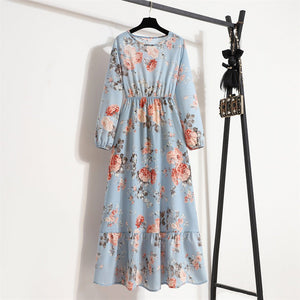 Spring and Autumn Crew Neck Bubble Sleeve Waist Floral Dress Women's Spring New Street Fashion Skinny Casual Long Dress - Negative Apparel